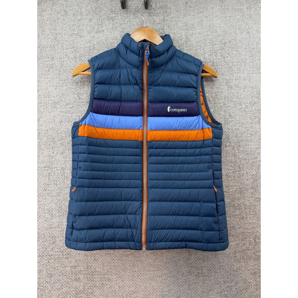 Cotopaxi Fuego Womens Med Indigo Stripes 800 Fill Down Vest Ripstop Blue Outdoor
